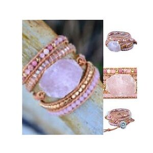 New Natural Pink Rose Quartz and Natural Stones on a Leather Cord Wrap Bracelet